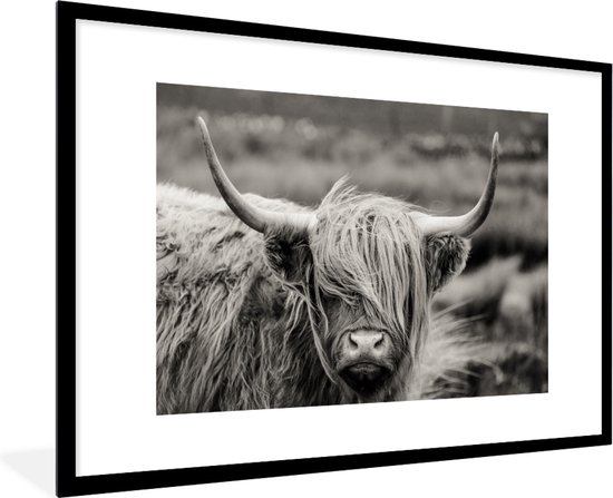 Fotolijst incl. Poster Zwart Wit- Schotse hooglander - Koe - Dieren - Zwart wit - Landelijk - 90x60 cm - Posterlijst