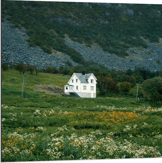 Dibond - Witte Eenzame Villa in het Dal van de Bergen - 80x80 cm Foto op Aluminium (Wanddecoratie van metaal)