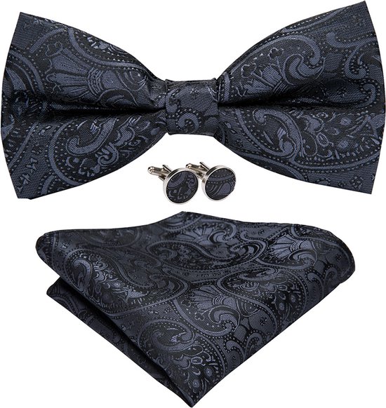 Noeud papillon Sorprese avec mouchoir de poche et boutons de manchette - 100% soie - Paisley - anthracite/noir - noeud papillon - noeud - pochette - homme