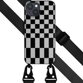 Selencia Hoesje Geschikt voor iPhone 15 Hoesje Met Koord - Selencia Siliconen design hoesje met afneembaar koord - Zwart / Irregular Check Black
