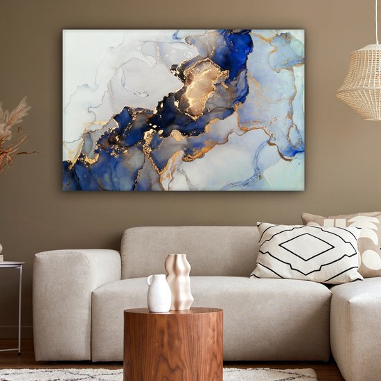 Toile Peinture Marbre - Blauw - Or - 140x90 cm - Décoration murale