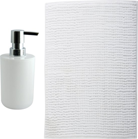 MSV badkamer droogloop mat - Milano - 40 x 60 cm - met bijpassende kleur zeeppompje - wit