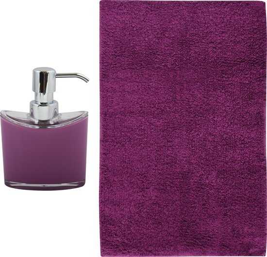 MSV badkamer droogloop mat/tapijt - Bologna - 45 x 70 cm - bijpassende kleur zeeppompje - paars