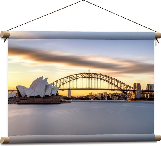 Textielposter - Zonsondergang achter de Brug in Sydney, Australië - 60x40 cm Foto op Textiel
