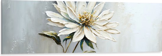 Dibond - Geschilderde Witte Bloem met Grijze Achtergrond - 150x50 cm Foto op Aluminium (Wanddecoratie van metaal)