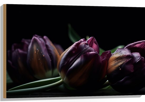 Hout - Paarse Tulpen in het Donker - Bloemen - 90x60 cm - 9 mm dik - Foto op Hout (Met Ophangsysteem)