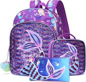 Kinderrugzak - Peuters - Schooltas - 3D Tas - Basisschool - Mermaid Backpack - Backpack - met pennenetui en lunchtasje - 3in1 - Paars