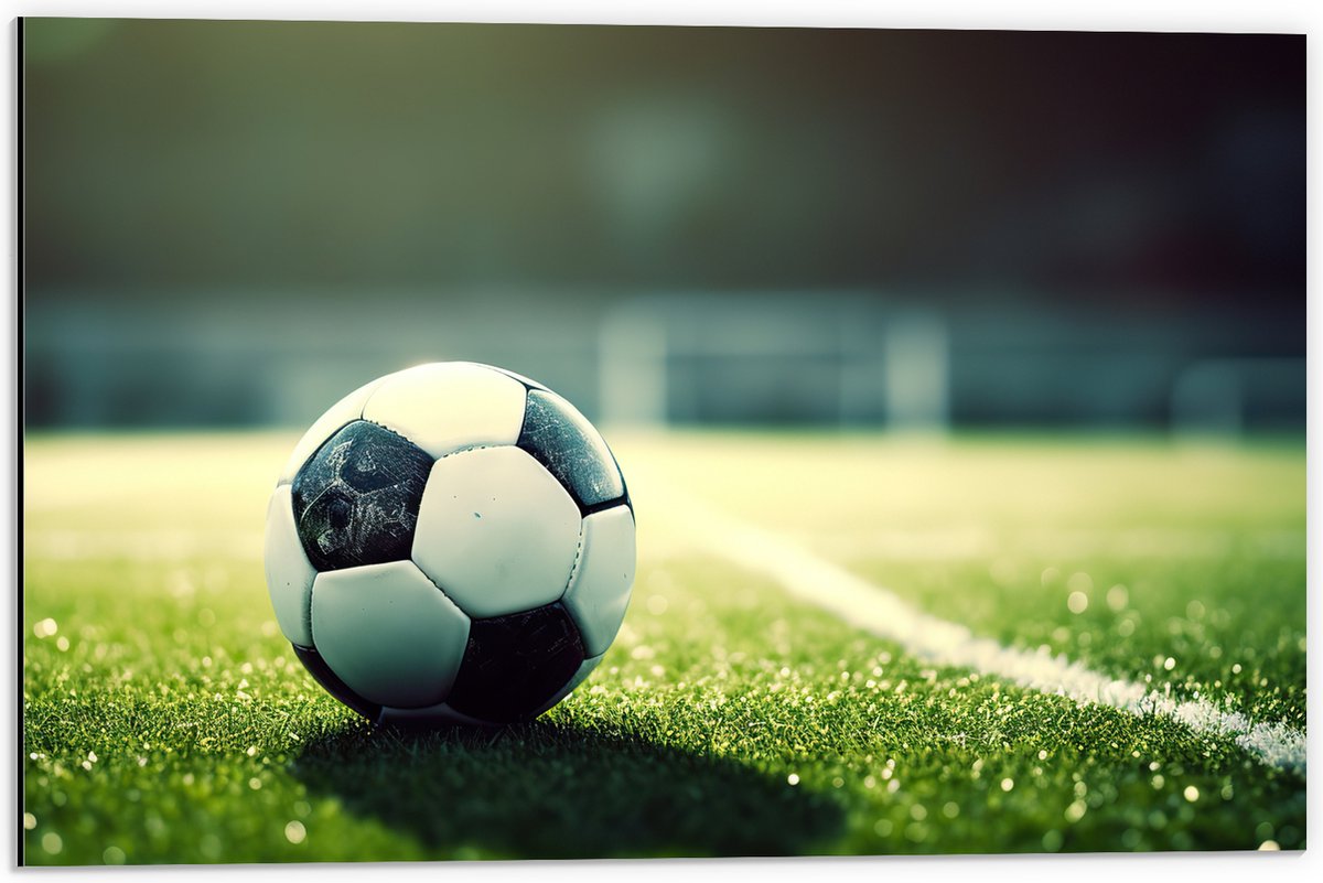 Dibond - Veld - Bal - Voetbal - Lijn - 60x40 cm Foto op Aluminium (Wanddecoratie van metaal)