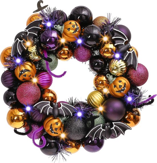 Halloween decoratie - 30cm halloweenkrans - halloween en kerstballen - lichtdecoratie voor de voordeur