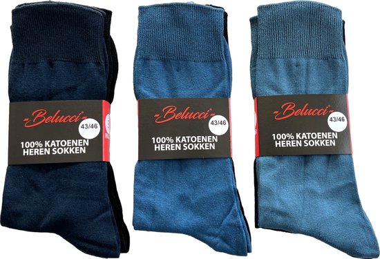 Belucci sokken heren 100% katoen set van 9 paar assorti jeans kleuren en zwart maat 43/46
