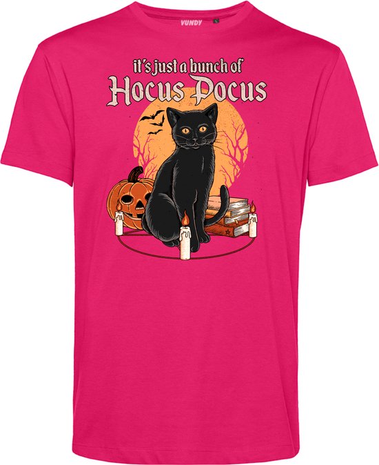 T-shirt Hocus Pocus met kat | Halloween Kostuum Volwassenen | Horror Shirt | Gothic Shirt | Fuchsia | maat 4XL