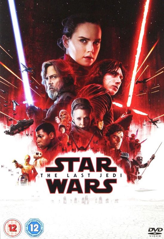 De poster van Star Wars: The Last Jedi toont Rey, Luke, Kylo Ren en andere personages met lichtzwaarden.