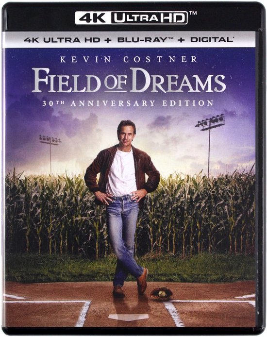 Kevin Costner staat op een honkbalveld met maïs op de achtergrond. 4K Ultra HD Blu-ray hoes.