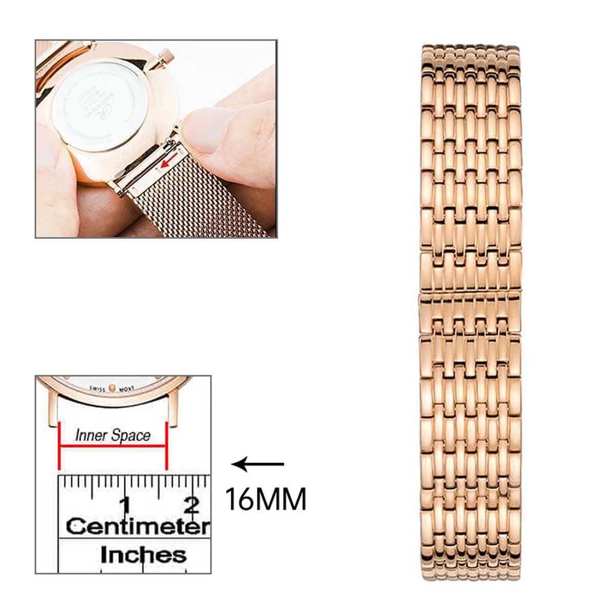 16mm Universele stainless roségouden horlogeband-strap van roestvrij staal - Quick Release - Past op Alle Merken met 16mm Aanzetmaat