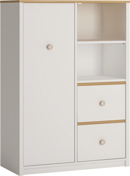 GLOBO R04 Armoire à deux tiroirs, porte ouvrant, étagères, commode, meuble jeunesse, étagère avec tiroirs, largeur 85 cm, blanc + chêne