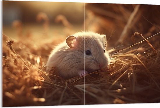 Acrylglas - Hamster - Baby - Stro - Grijs - 120x80 cm Foto op Acrylglas (Met Ophangsysteem)