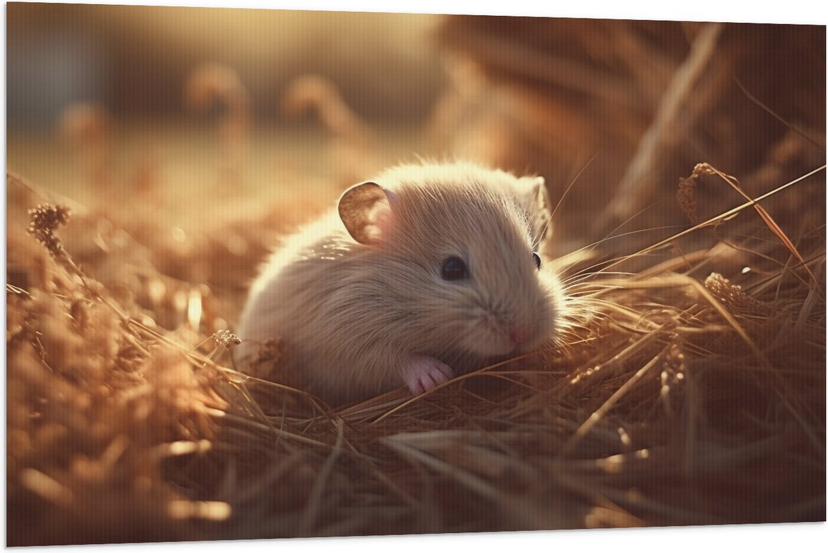 Vlag - Hamster - Baby - Stro - Grijs - 120x80 cm Foto op Polyester Vlag