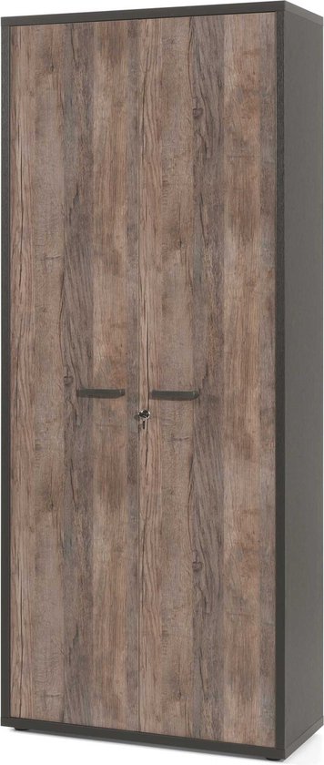 Hoge dichte kantoorkast Roland Zwart Vintage - Breedte 90 cm - Hoogte 216 cm - Diepte 40 cm - Met planken - Met openslaande deuren