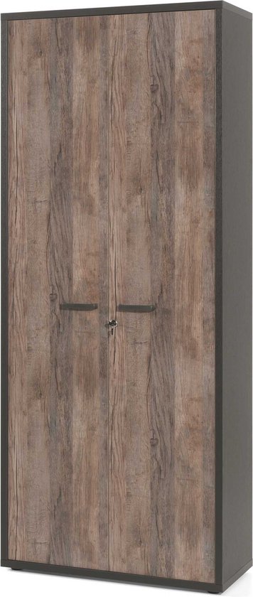 Hoge, smalle zwarte kast met twee deuren in verweerd hout design. De deuren hebben een zilverkleurige handgreep.