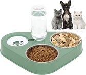 Dubbele voederbak voor katten met Gravity waterdispenser, ideaal voor nat en droog voer, automatische waterdispenser en voederstation voor huisdieren zoals katten en honden (groen)