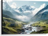 Canvas - Rivier - Water - Stenen - Landschap - Bergen - Sneeuw - Wolken - 100x75 cm Foto op Canvas Schilderij (Wanddecoratie op Canvas)