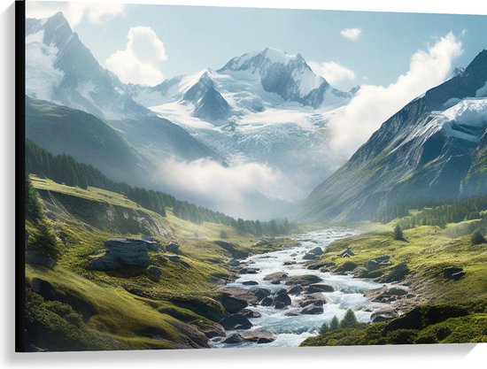 Canvas - Rivier - Water - Stenen - Landschap - Bergen - Sneeuw - Wolken - 100x75 cm Foto op Canvas Schilderij (Wanddecoratie op Canvas)
