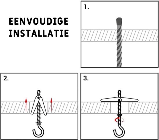 Illustratie met 3 stappen voor het eenvoudig installeren van een haak, met tekst 'EENVOUDIGE INSTALLATIE'.