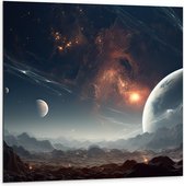 Dibond - Ruimte - Planeten - Lijnen - Kleuren - 100x100 cm Foto op Aluminium (Wanddecoratie van metaal)