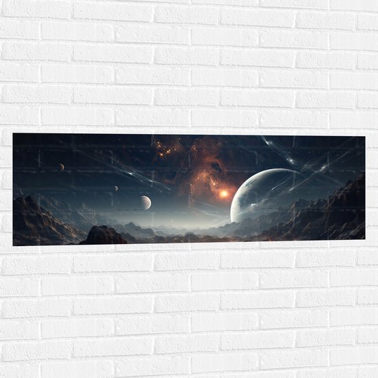 Muursticker - Ruimte - Planeten - Lijnen - Kleuren - 120x40 cm Foto op Muursticker