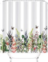 Douchegordijn kleurrijk bloemen vlinders planten badkamer textiel gordijn antischimmel effect wasbaar bladeren douchegordijn badkuip incl. 12 C-ringen gewicht onder 180x200 cm - Groen