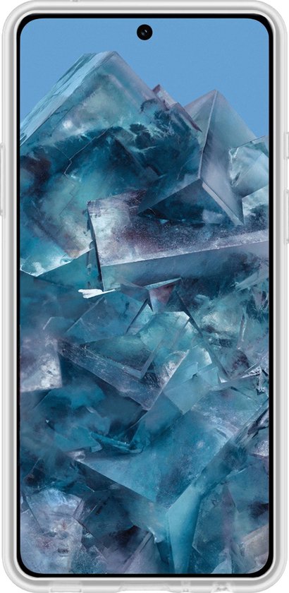 Voorzijde van Google Pixel 8 Pro met een abstracte, blauw met grijze wallpaper, getoond in een transparante hoes.