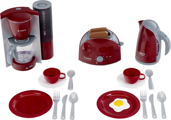 Klein Toys Bosch speelgoedkeukenaccessoireset groot ontbijtset - incl. broodroorster, waterkoker en meer - rood