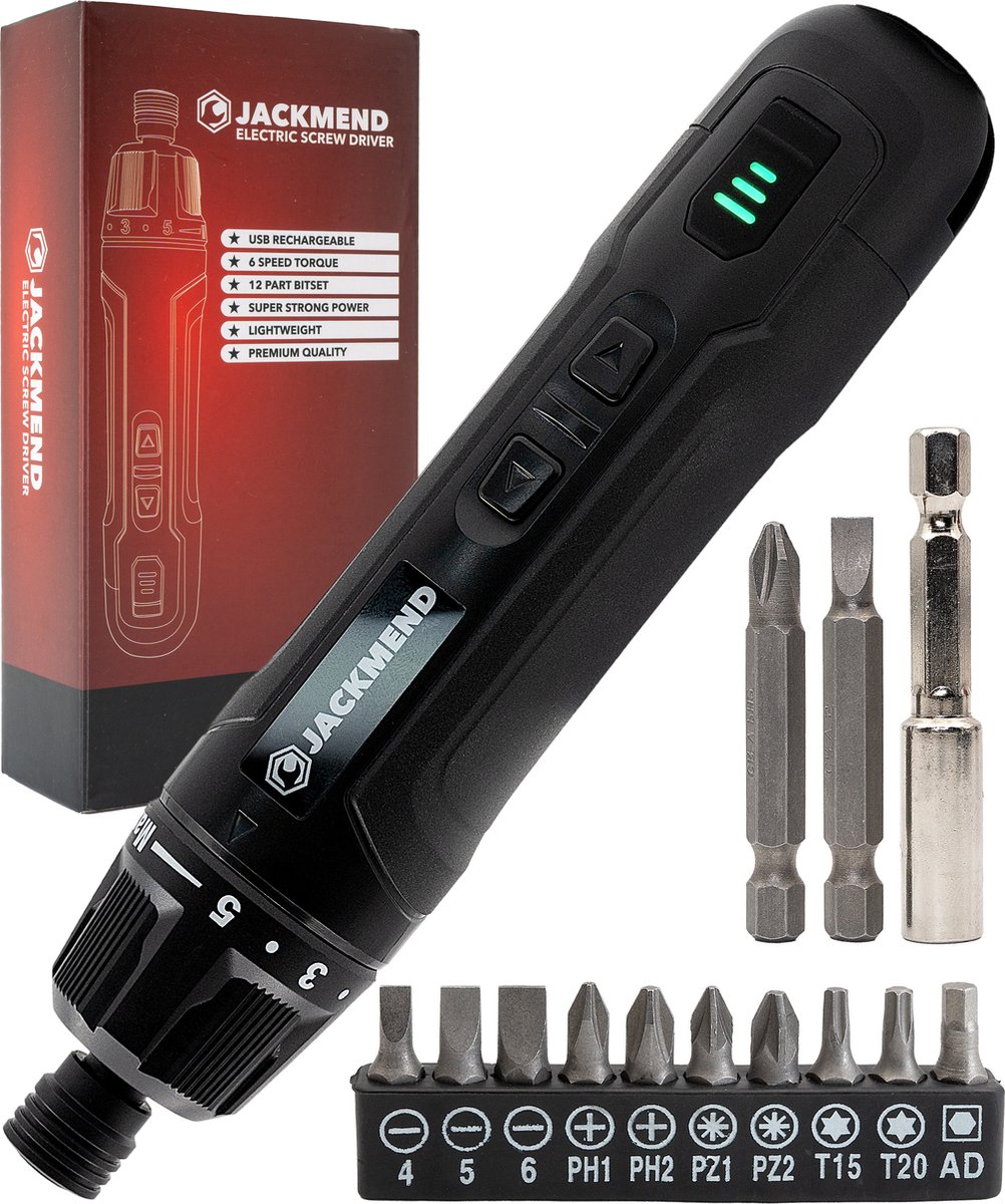 JACKMEND Accu Schroefmachine Inclusief 13-Delige Bit Set en 3.6V Lithium-Ion-Accu - Elektrische Schroevendraaier - USB-C Oplaadbaar Boormachine - 360RPM Motor - Zwart