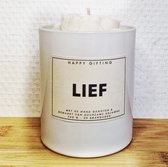 Lief - Soja was geurkaars - Witte roos - Kaarsglas glanzend wit - Kaneel geur - 250 gram - 50 branduren - Geurkaars - Kaars - Kaars met tekst - Soja was – Soy wax – Handgemaakt – Cadeau – Cinnamon - Geschenk – Duurzaam