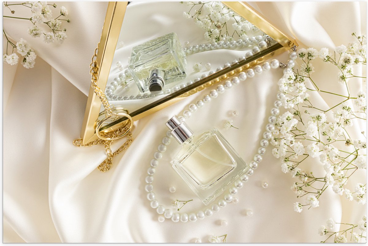 Poster (Mat) - Spiegel - Parfum - Ketting - Bloemen - 150x100 cm Foto op Posterpapier met