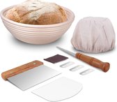 Broodmand, rijsmand voor het bakken van brood, diameter 22,5 cm, hoogte 8,5 cm, mandafdekkingen, metalen schraper, kunststof schraper, Scoring Lame, 4 messen en koffer.