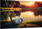 Dibond - Golf - Golfbal - Golfclub - Zonsondergang - Gras - Water - 150x100 cm Foto op Aluminium (Wanddecoratie van metaal)