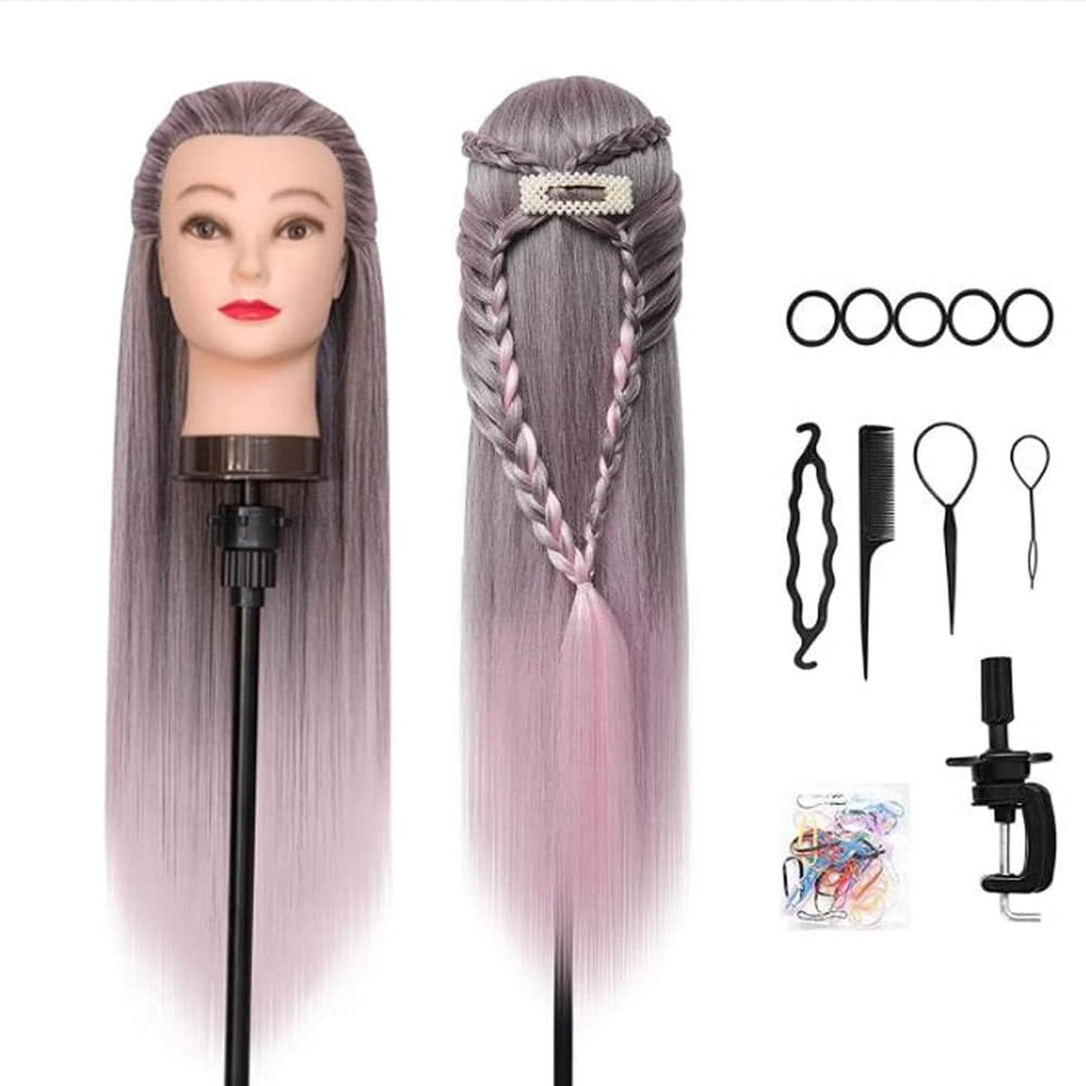 ShopGlobe - Oefenhoofd Kappershoofd - Oefenpop Kapper - Grijs/Roze - Incl. Accessoires
