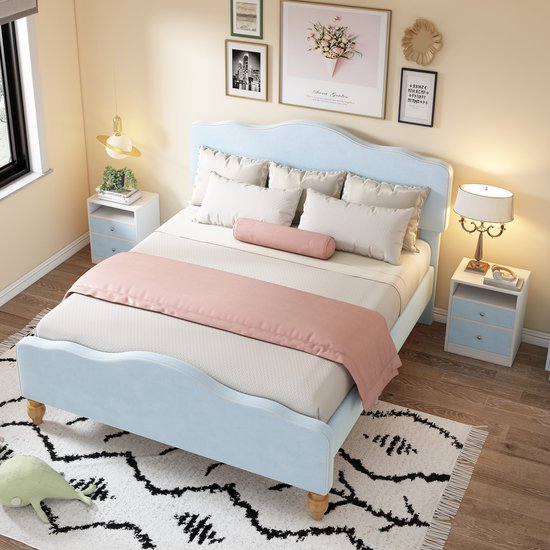 Slaapkamerbedset met nachtkastje - Modern gestoffeerd bed met 2 nachtkastjes - 2 lades - slaapkamermeubelset - fluweel wolkvormig hoofdeinde - blauw (140x200 cm)
