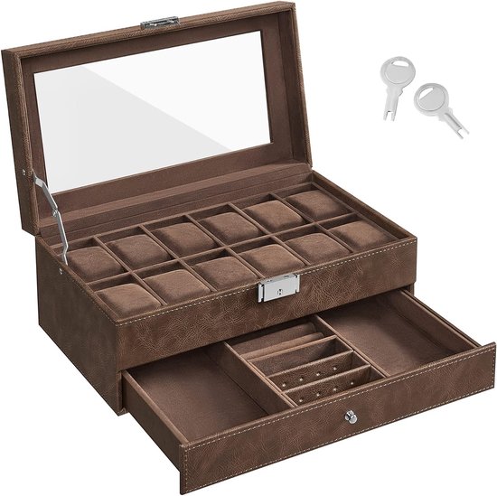 Luxe 12-vaks Horlogebox - Horlogedoos voor dames en heren - Sierendoos - Juwelendoos - Horlogebox met lade - Horlogekist - Sieradenkist
