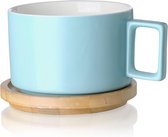 Keramische koffiezetapparaatset (310 ml) met houten chocoladestukjes, koffiezetapparaatset voor cappuccino, latte, espresso, Americano, mokka, thee (mat blauw