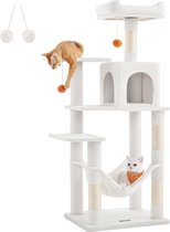 Krabpaal voor katten, hoogte 143 cm, speeltoren voor katten, met 4 krabpalen, 2 platforms, 1 nis, 1 hangmat, 2 pompons, pluche stof, meerdere niveaus, crèmewit PCT161T01
