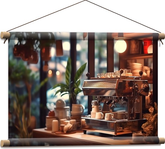 Textielposter - Koffie - Apparaat - Planten - Kopjes - Lamp - 60x40 cm Foto op Textiel