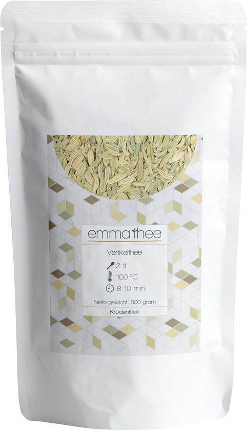 Witte zak met "emmathee Venkelthee 500 gram Kruidenthee" tekst en venkelzaad-illustratie.