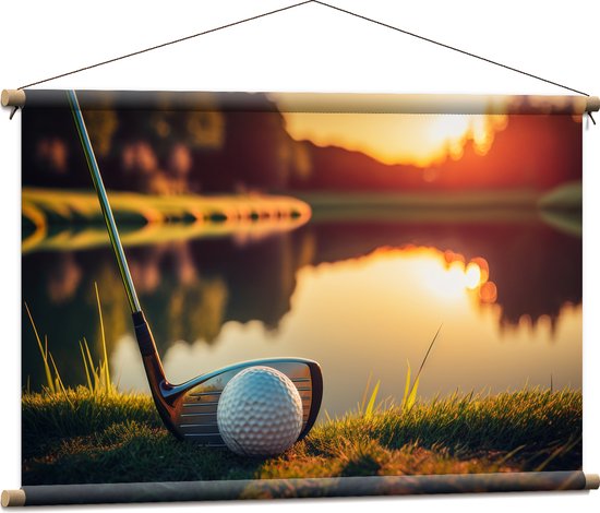 Textielposter - Golf - Golfbal - Golfclub - Zonsondergang - Gras - Water - 90x60 cm Foto op Textiel