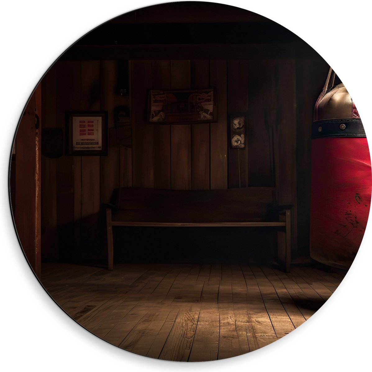 Dibond Muurcirkel - Kamer - Bokszak - Palen - Sporten - Hout - 50x50 cm Foto op Aluminium 