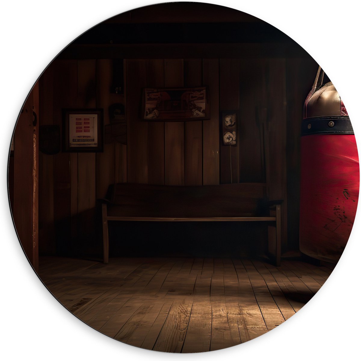 Dibond Muurcirkel - Kamer - Bokszak - Palen - Sporten - Hout - 60x60 cm Foto op Aluminium 