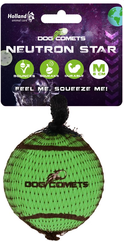 Groene Dog Comets Neutron Star bal, 6 cm, in net met "FEEL ME SQUEEZE ME!" op verpakking.