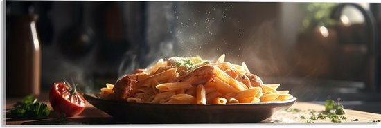 Acrylglas - Eten - Pasta - Tafel - Bord - Tomaat - Kaas - 60x20 cm Foto op Acrylglas (Wanddecoratie op Acrylaat)