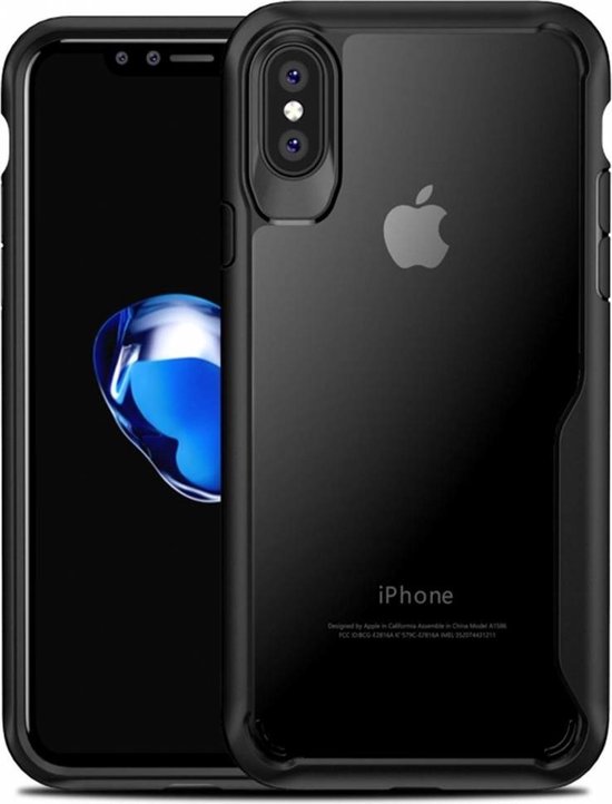 Zwart transparante iPhone hoes met Apple logo, naast een iPhone met een blauwe wallpaper.
